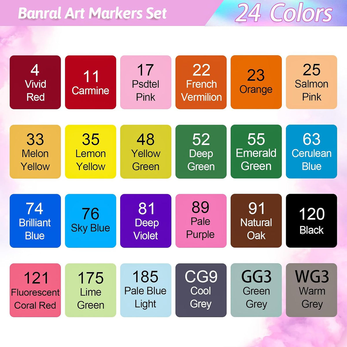 Banral Alcohol Markers, 24 Colors Dual Tip Alcohol Based Art Marker Set for Artists Adults, Permanent Drawing Pens for Adult Coloring Sketching Illustration