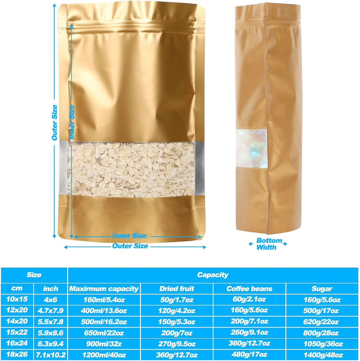 100 Pack Smell Proof Bags, Resealable Mylar Bags with Matte Window, Foil Pouch Stand-up Bags for Food Self Sealing Storage, Scratch Resistant Hand Storage Bags. (Gold, 6.3×9.4 Inch)