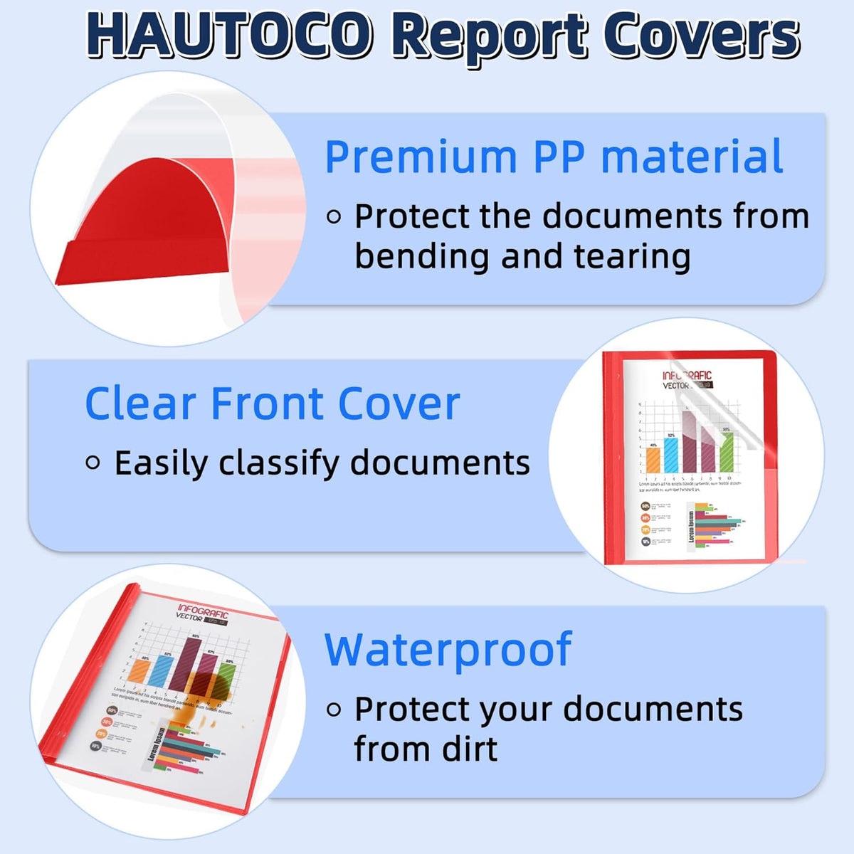 HAUTOCO 12 Pack Plastic Report Covers with 3-Prong Fasteners Clear Front Presentation Folders Resume Folders for 8.5x11 Letter Size Paper, Document Report Cover for School Office Business, Red