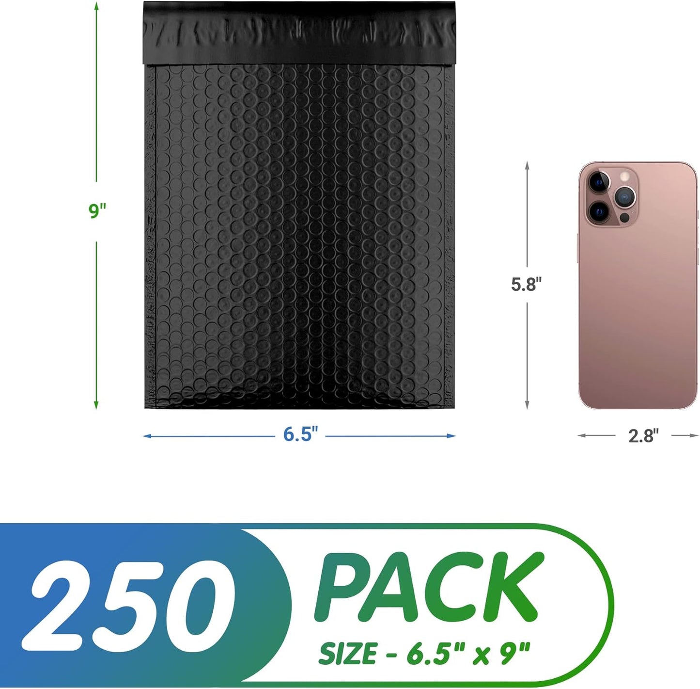 Black Poly Bubble Mailers Self Seal, 6.5 x 9 Inch. 250 Pack Bubble Packaging Envelopes for Shipping. Durable Sealed Mailing Envelopes Bubble Padded. Waterproof Bubble Bags for Shipping