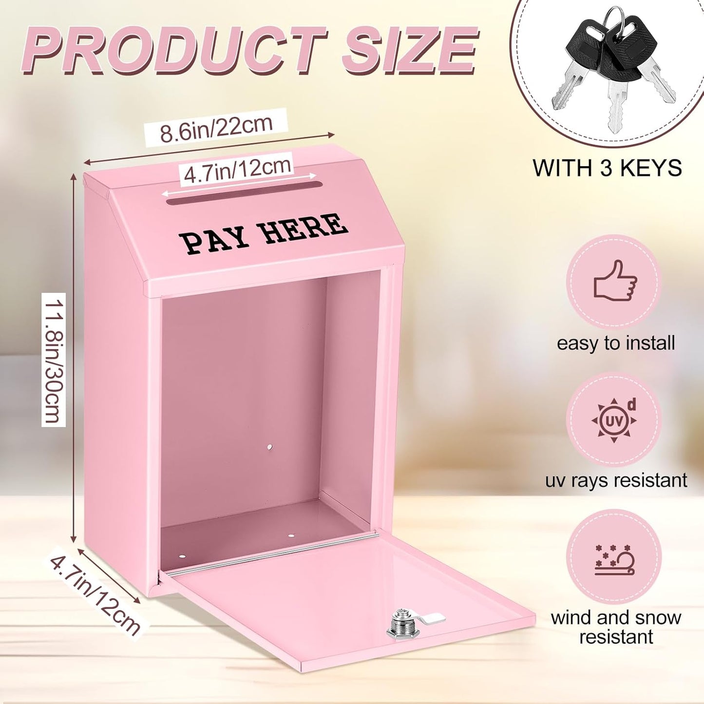 Safe Cash Box Money Collection Metal Donation Box with Lock Wall Mount Pre Drilled Mailbox Delivery Ballot for Home Office Outdoor Self Serve Stand(Pink,11.8 x 8.6 x 4.7 Inch)