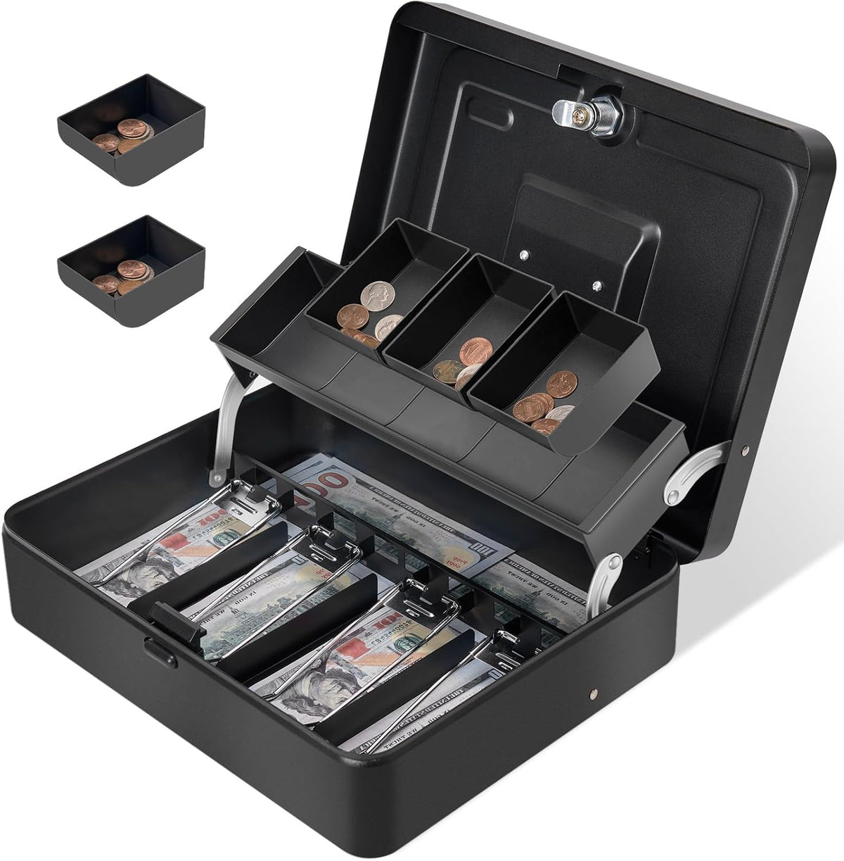 Cash Box Key Lock on Top, 11.8L x 9.5W x 3.5H Inches, Black Metal Money Box with Tray,Tiered Locking Cash Boxes,Durable Lock Safe Box with Key,4 Bill / 5 Coin Slots,Large