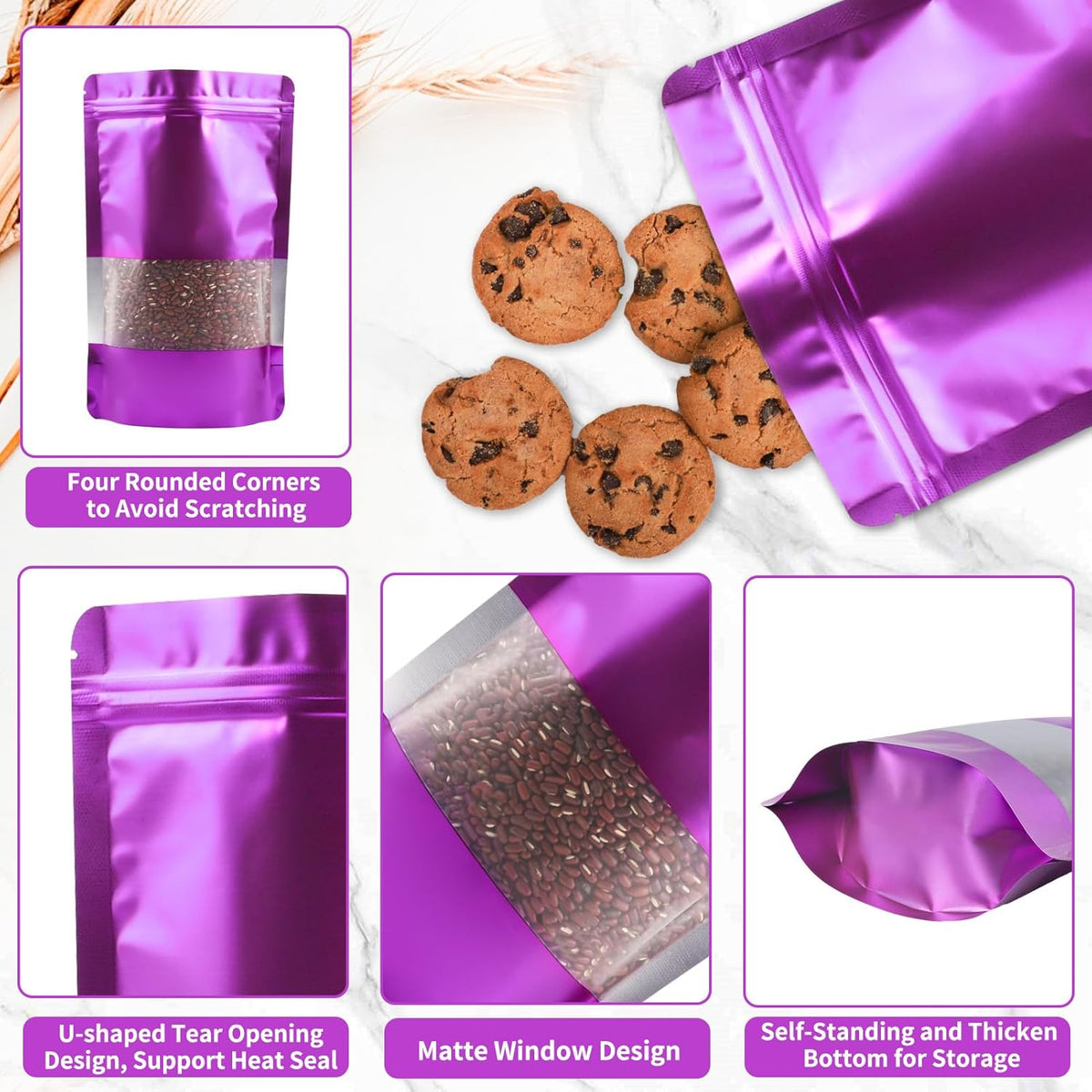 100 Pack Smell Proof Bags, Resealable Purple Mylar Bags with Matte Window, Foil Pouch Stand Up Sealable Bags for Packaging, 4.72 × 7.87 Inch