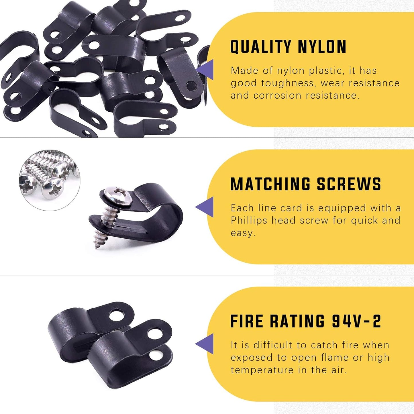 Swpeet 60 Pack Black 3/8 Inch Nylon Plastic R-Type Cable Clips Clamp Kit, Nylon Screw Mounting Cord Fastener Clips with 60 Pack Screws for Wire Management (3/8 Inch, Black)