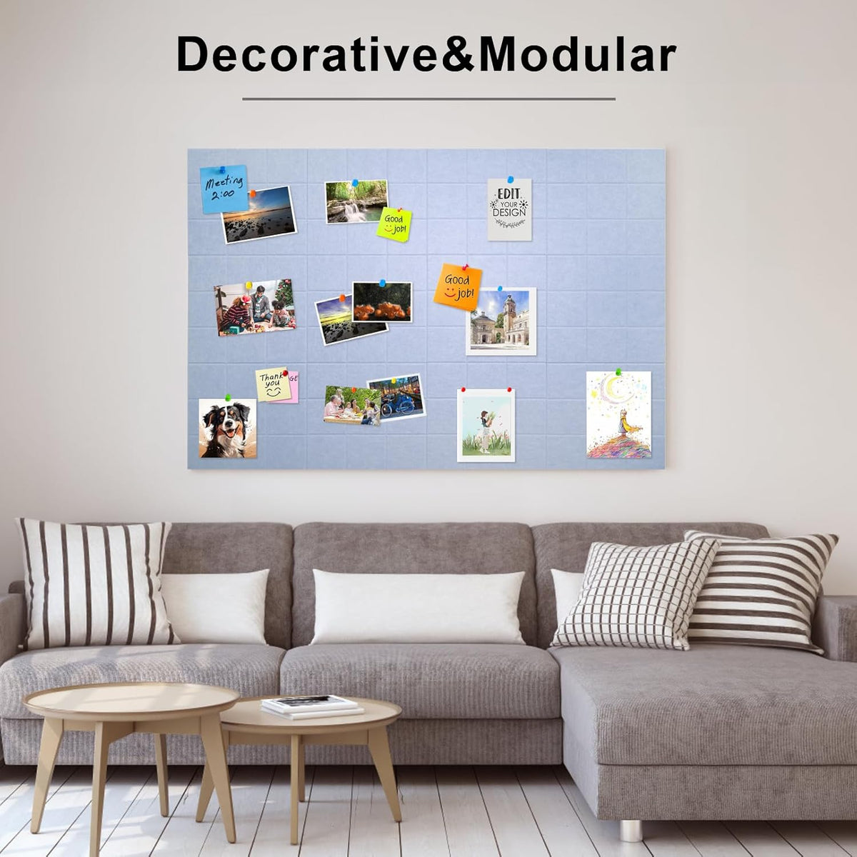 12 Pack Large Cork Board for Walls, 48" X 36" Felt Bulletin Board Tiles with 48 Safe Removable Adhesive Tabs & 60 Push Pin Board Decorative Cork Board Tack Board Wall Organizer for Office - Light Grey