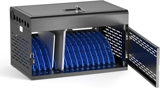 16 Device Tablet Charging Station - Classroom Storage Lock Box for Chromebook, iPads, Laptop and Tablets with Removable Door, Wall-Mount Charging Cabinet, Fully Assembled Portable Office Organization