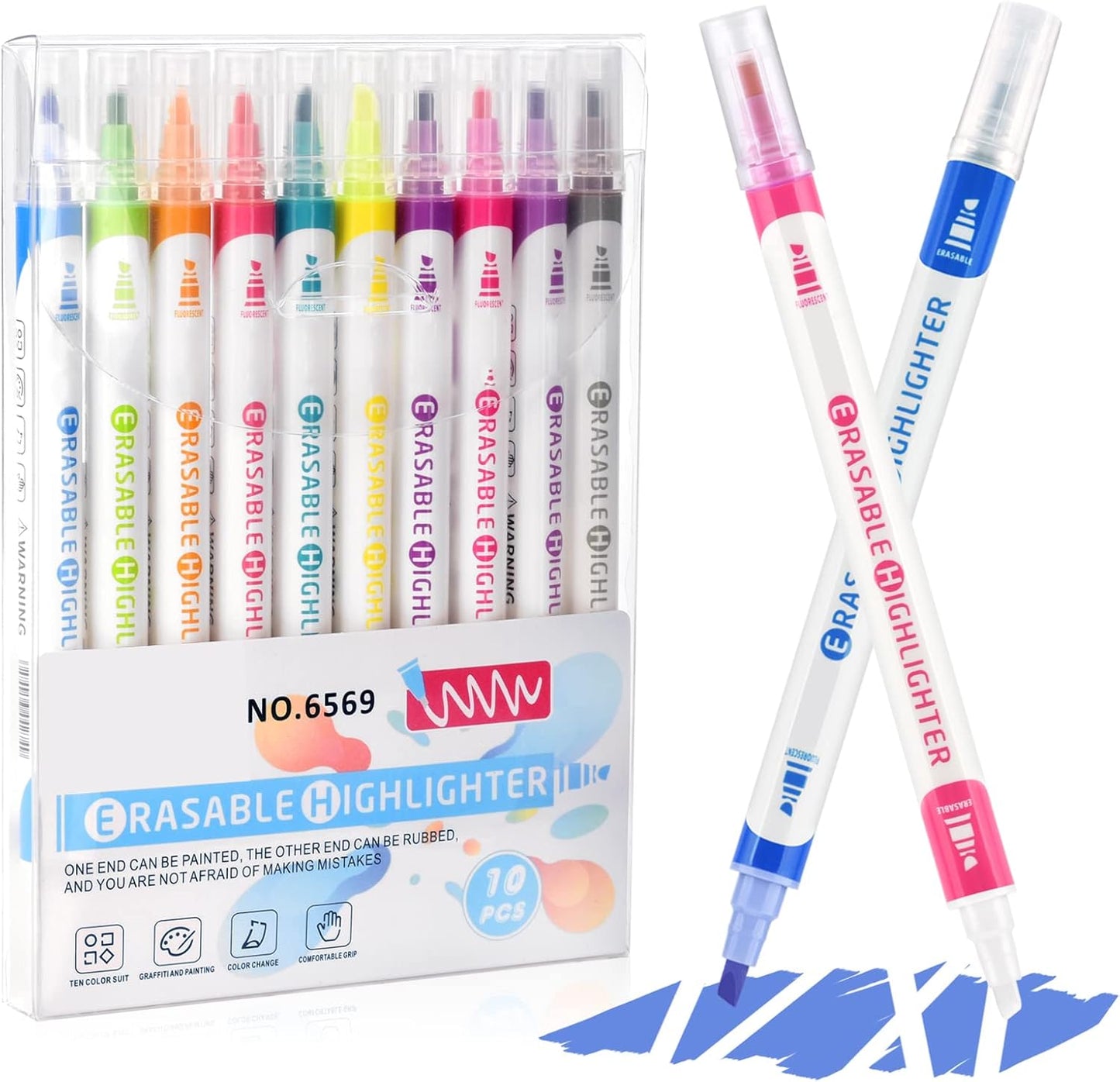 YOOUSOO Erasable Highlighters, 10 Colors, Double Head Smooth Writing Highlighters, Assorted Colors Chisel Tip Highlighter Markers, Smooth Writing Book Journaling Highlighter Erasable