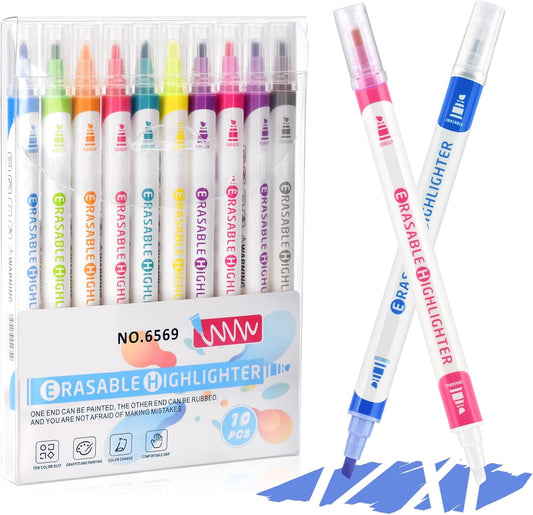 YOOUSOO Erasable Highlighters, 10 Colors, Double Head Smooth Writing Highlighters, Assorted Colors Chisel Tip Highlighter Markers, Smooth Writing Book Journaling Highlighter Erasable