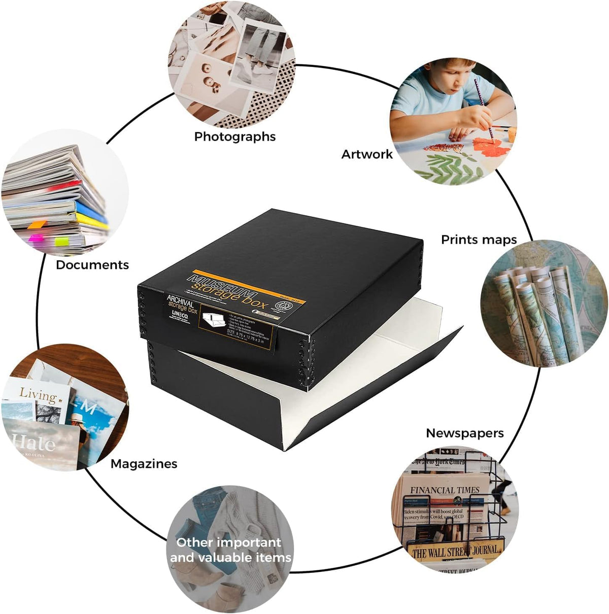 Lineco Museum Archival Storage Box, 9.75x12.75x3 in. Drop Front Design. Acid-Free with Metal Edge. Organize Photos, Pictures, Prints, Documents, Crafts, DIY. Black, 2 Pack