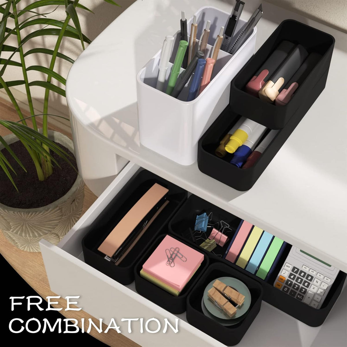 CHANCETSUI 6 PCS Stackable Drawer Organizers Set, Versatile Desk and Vanity Drawer Organizer Trays, Storage Bins for Makeup, Bathroom, Bedroom, Kitchen and Office, Black