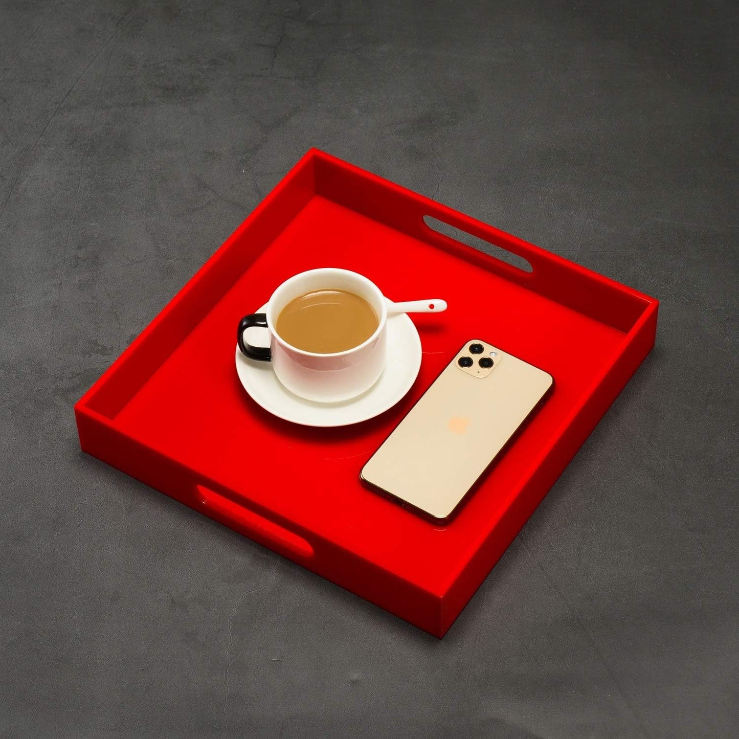 Sturdy Red Acrylic Serving Tray with Handles - 12x12 Inch - Coffee & Appetizer Platter - Kitchen Counter & Vanity Organizer