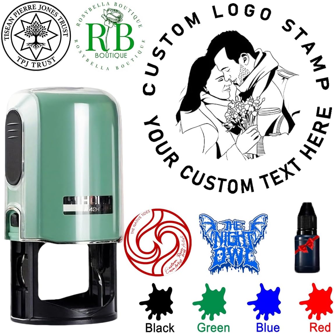 Custom Logo Stamp,Personalized Business Stamp,Customized Self-Inking Stamp Business Text Image Logo Stamp Round,Stamp for Official Documents, Packaging & Mail,4 Ink Colors Available (Green Case)