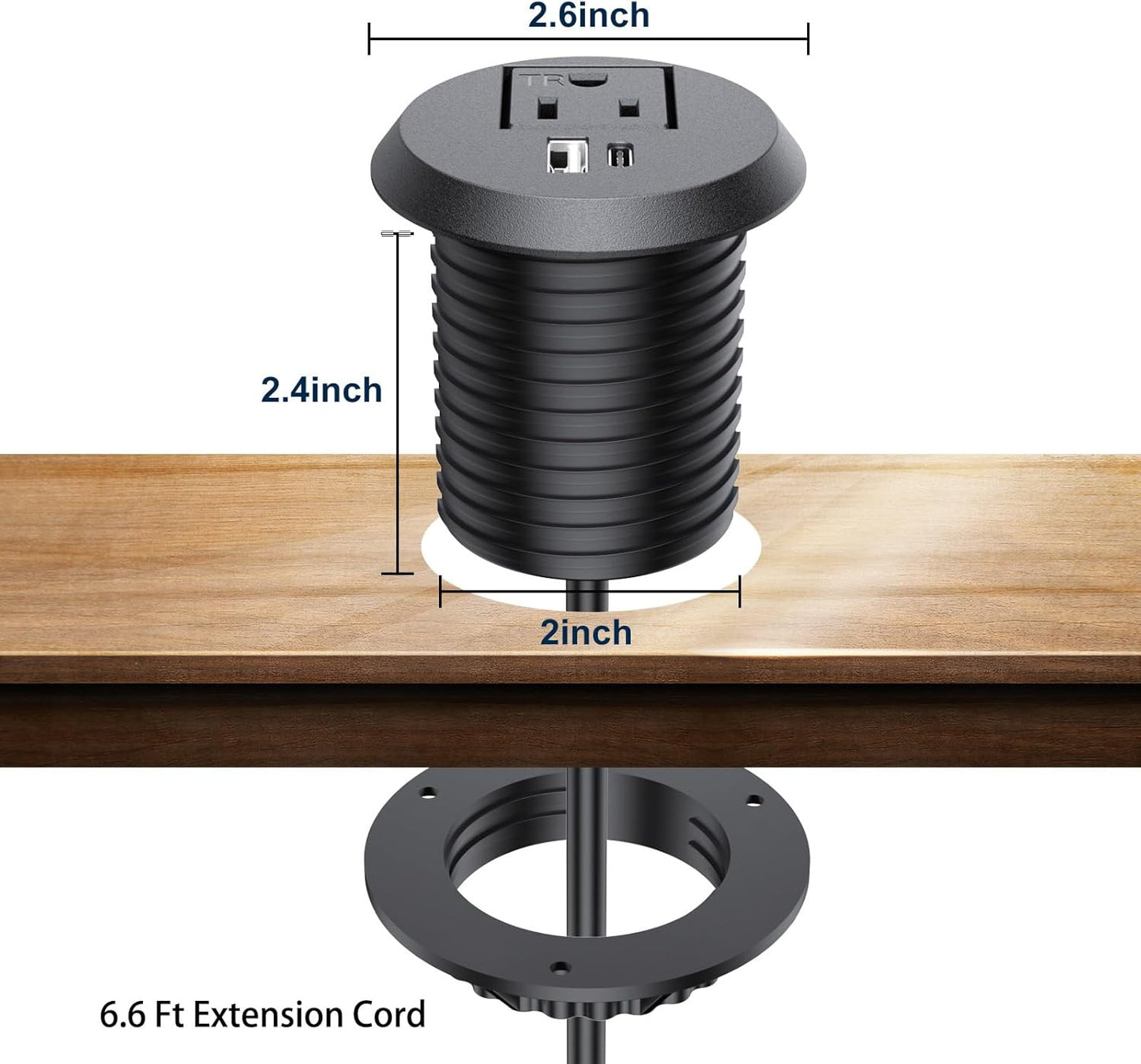 Recessed Power Grommet 2 inch,Tamper-Resistant Design AC Outlets, Fast Charging Station USB-C Port,Desk Hole Grommet Recessed Outlet,Round Desktop Conference Room Power Grommet Outlet.(Black)