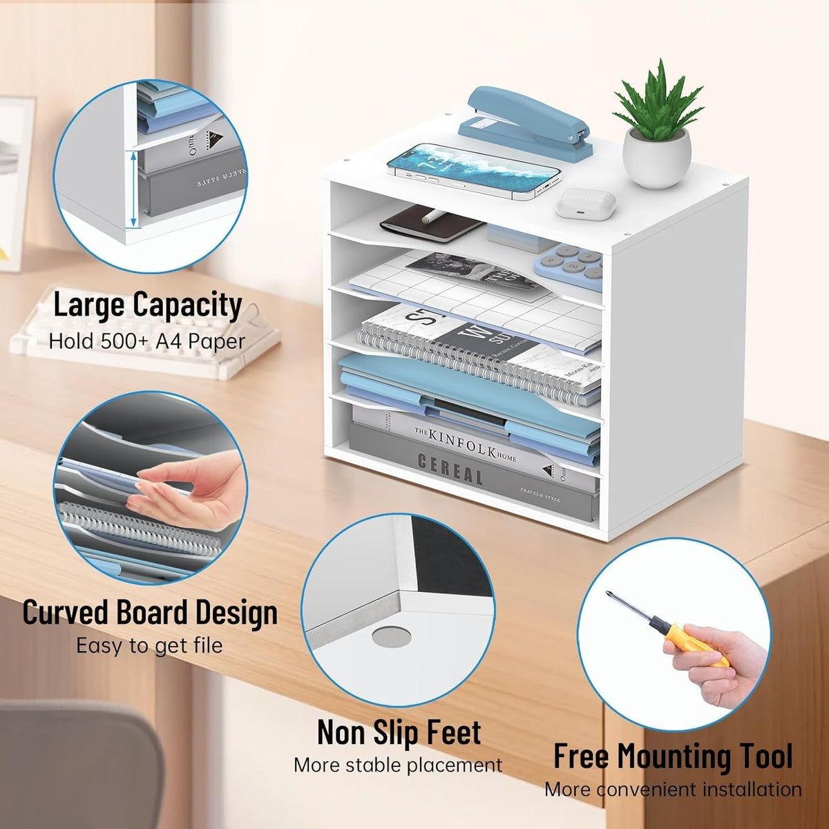 5-Tier Wood Desk Organizer, Paper Tray Organizer for Desk with Adjustable Storage Shelves, Desktop Paper Sorter Mail Holder for Office Home Classroom, White