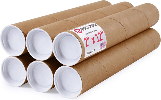 2" x 12" Reinforced Kraft Paper Mailing Tubes, Pack of 6 Tubes with 2 Caps Each – USPS Approved Poster Tube – Made in USA Cardboard Tube for Shipping and Storing Posters, Prints, Artwork, or Documents