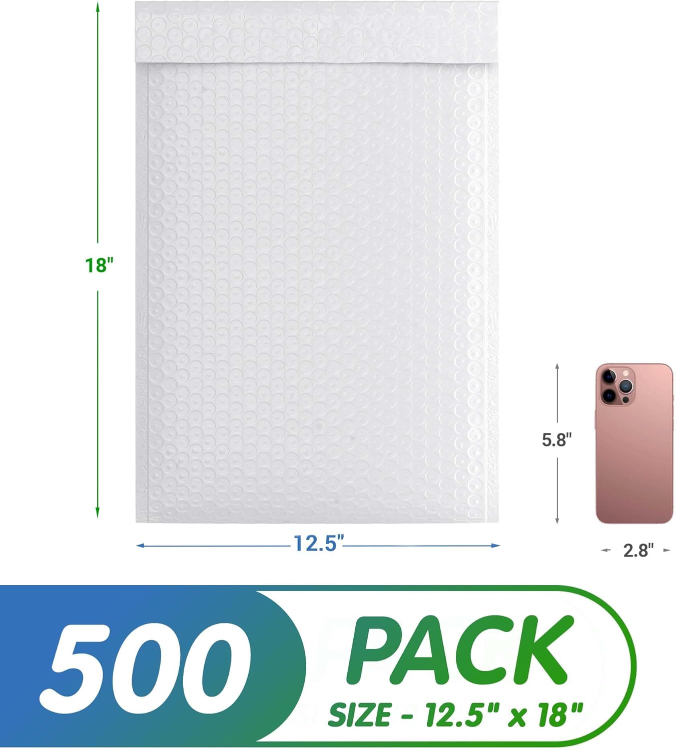 White Poly Bubble Mailers Self Seal, 12.5 x 18 Inch. Pack of 500 Bubble Packaging Envelopes for Shipping. Durable Padded Envelopes Waterproof. Self Seal Padded Mailers. Shipping Packages
