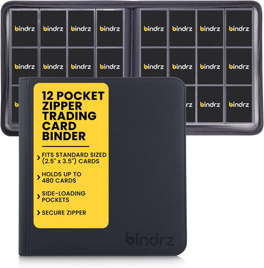 12 Pocket Zipper Binder for 480 Sleeved Trading Cards - Side Loading Pockets Album - Archival Safe Material and Compatible with TCG MTG and Sports Collectibles (Black)