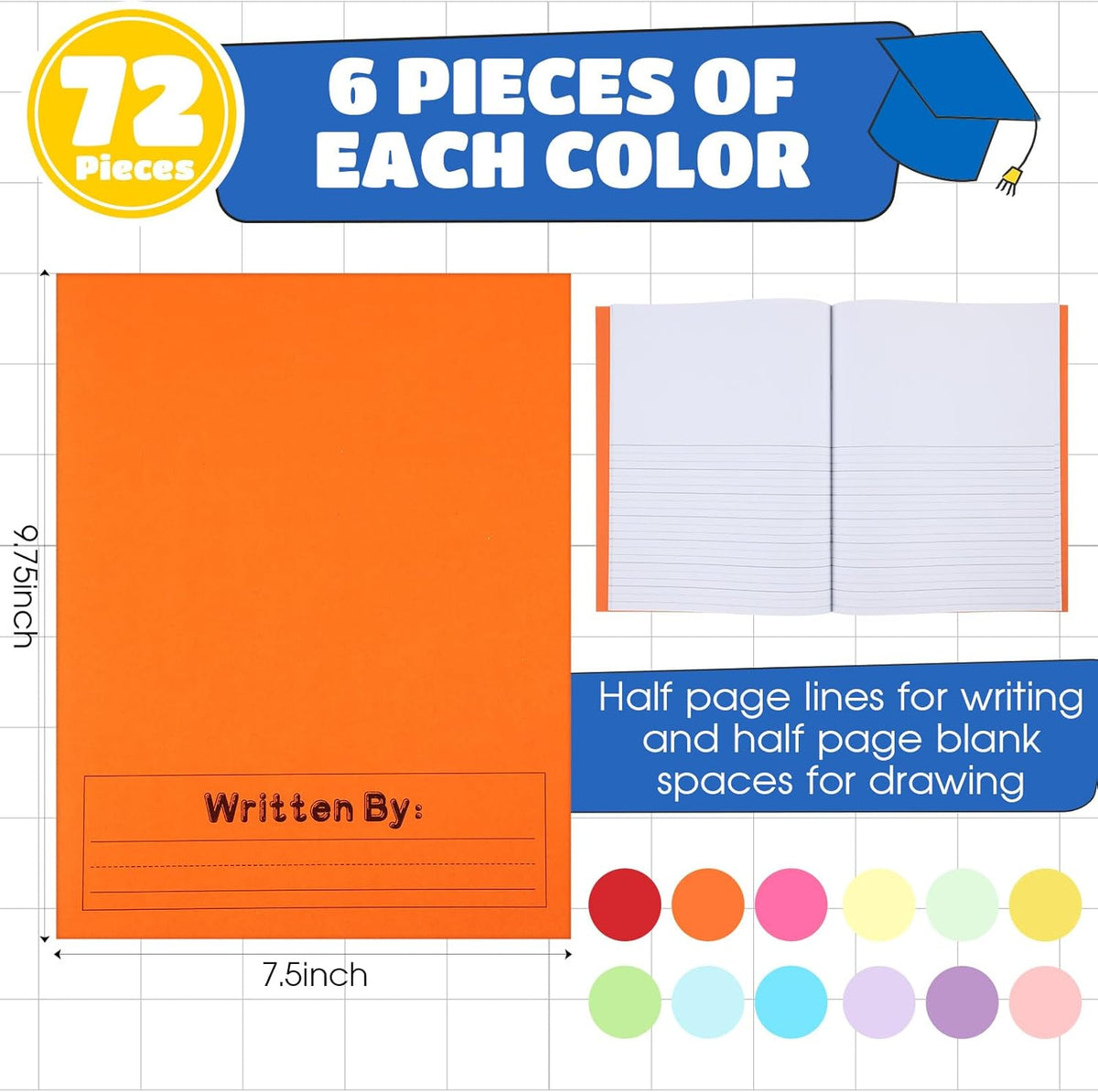Henoyso 72 Pcs Primary Composition Notebook K-2 9 3/4 x 7 1/2 Inch Primary Journal, Back to School Supplies, Bulk Blank Writing Book for Kid to Write Draw Journal 60 Page Notebooks (Vibrant Color)