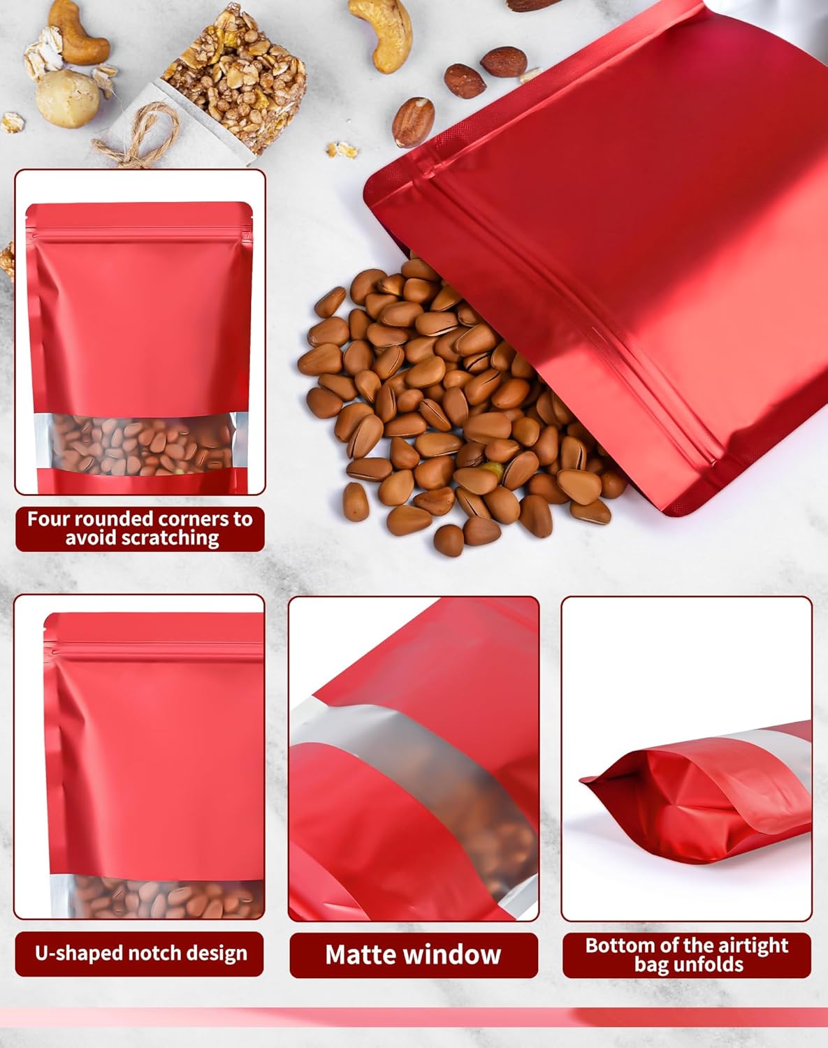 FireKylin 100 Pack Smell Proof Bags 6.3" x 9.4", Resealable Bags with Matte Window, Foil Pouch Stand Up Sealable Bags for Packaging（Red）