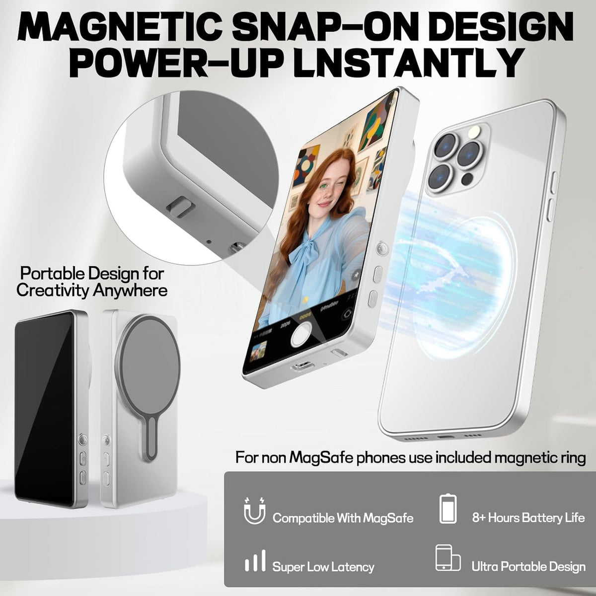 Selfie Monitor Screen iPhone, Vlog Magnetic 4K 60fps Video Recording for iPhone & Android, Back Camera Monitor iPhone with Bluetooth Remote No Delay Live Stream for TikTok White