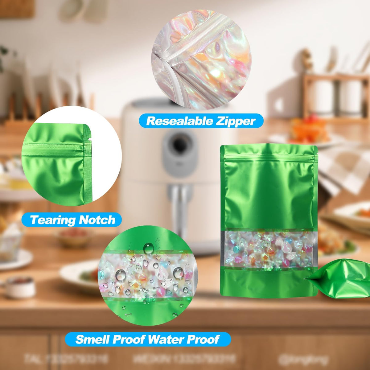 100 Pack Smell Proof Bags, Resealable Mylar Bags with Matte Window, Foil Pouch Stand-up Bags for Food Self Sealing Storage, Scratch Resistant Hand Storage Bags.(Green, 5.5×7.9 Inch)
