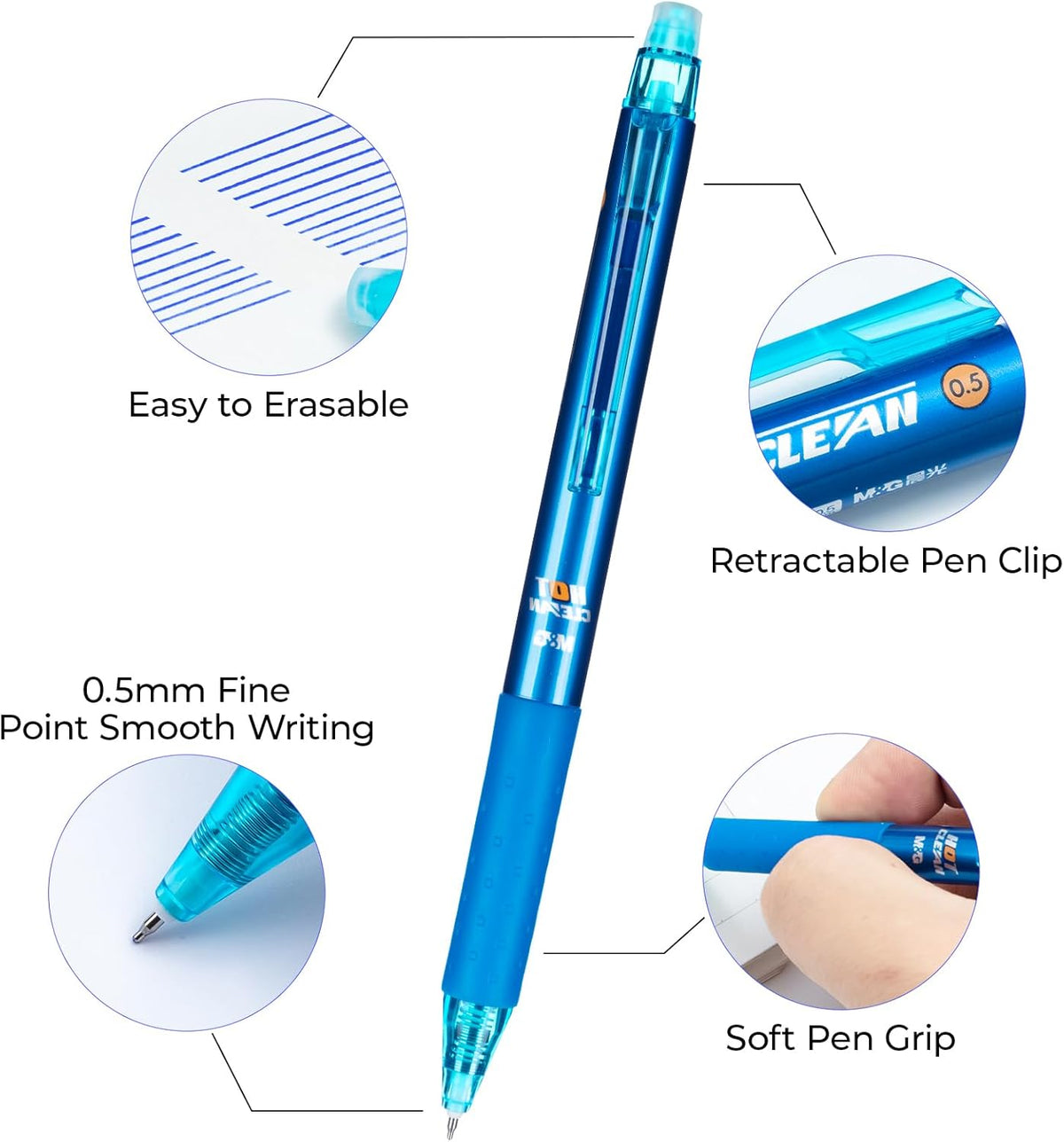 M&G Erasable Gel Pens, 6 Pcs Retractable Blue Ink Erasable Pen Fine Point 0.5mm, Quick Dry Erasable Pen with Non-Slip Grip, Pens Make Mistakes Disappear for Drawing Writing Planner Office Supplies