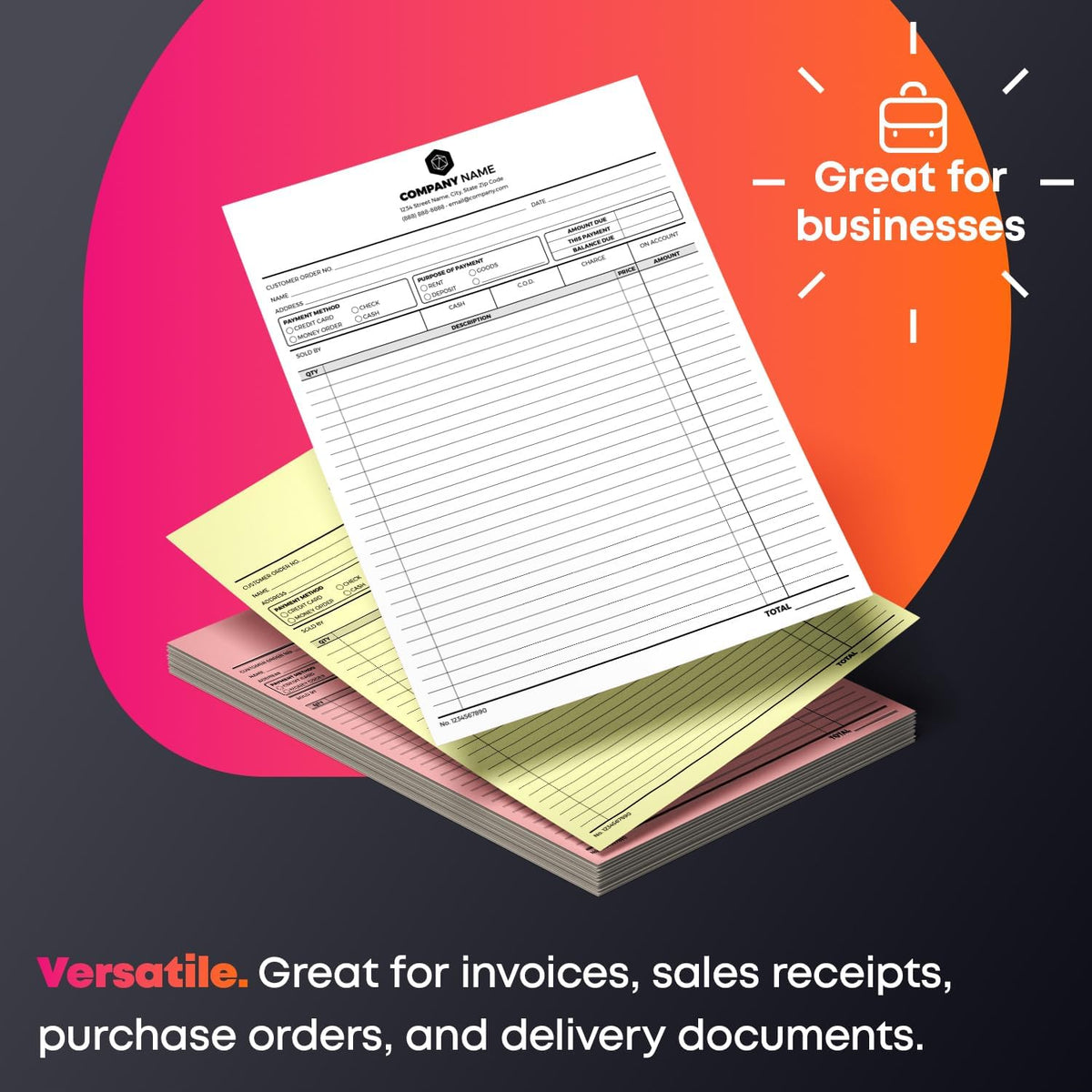 Custom Print 8.5" x 11" Carbonless NCR Forms for Printing Business and Company Invoices, Receipts, Work Orders, Sales Orders, Purchase Orders, Estimates and Quotes - Loose Sheets (2-Part, 100)