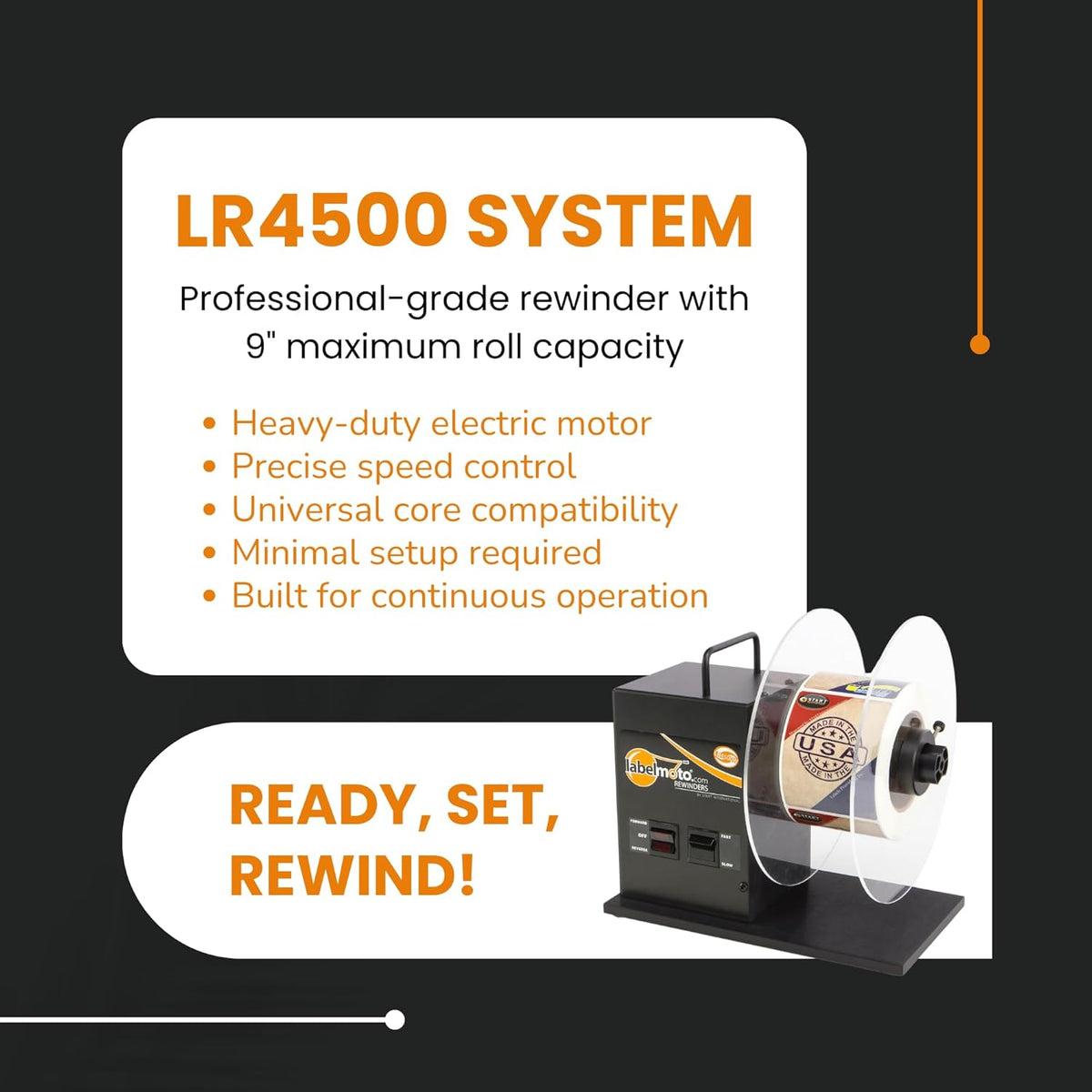 Start International - Rewinder - Electric Label Rewinder Machine for Thermal Printers - Bidirectional Label Winder - 9 Inch Roll Capacity & Dual Core 1.25 3 Inch