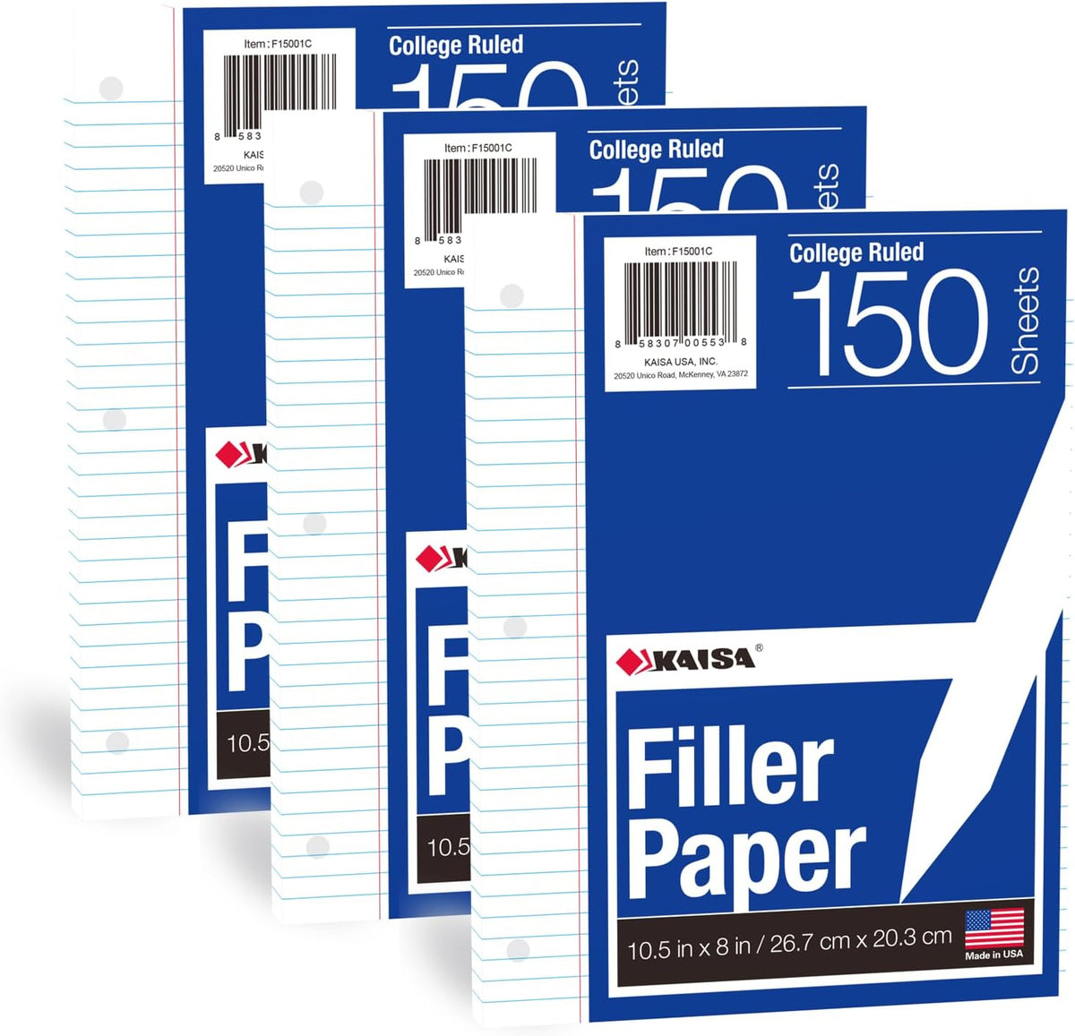 Kaisa Loose Leaf Paper Filler Paper 8x10.5 inches, College Ruled, 3-Hole Punched for 3-Ring Binder, 150 Sheets/Pack (3 Pack) F15001C