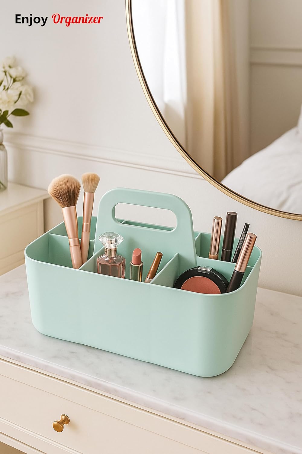 Small Stackable Plastic Caddy with Handle 6 Compartment | Desk, Makeup, Dorm Caddy, Classroom Art Organizers - 4 Pack, Made In USA (Mint)