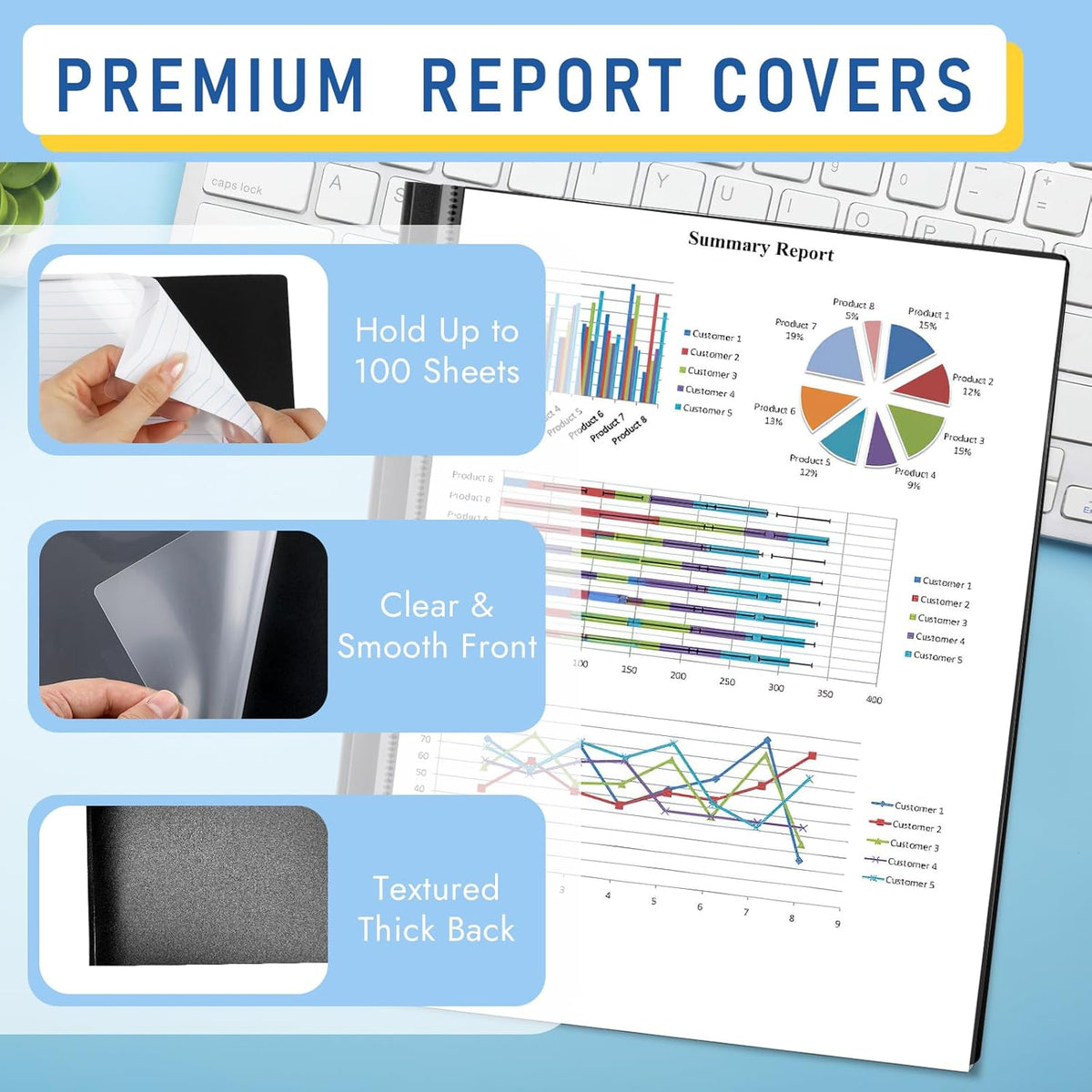 30 Pack Report Covers, COIDEA Report Covers with 3-Prong Fasteners, Presentation Folders for A4 and Letter Size Paper, Clear Front Report Covers Binder Bulk for School Business, 100 Sheet Capacity