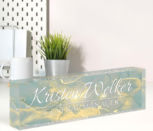 Name Plate for Desk, Desk Name Plate Personalized, Office Decor for Women Men, Acrylic Desktop Accessories, Office Appreciation Gifts for Boss Social Workers Employee Nurse Teacher (Deep Sea)