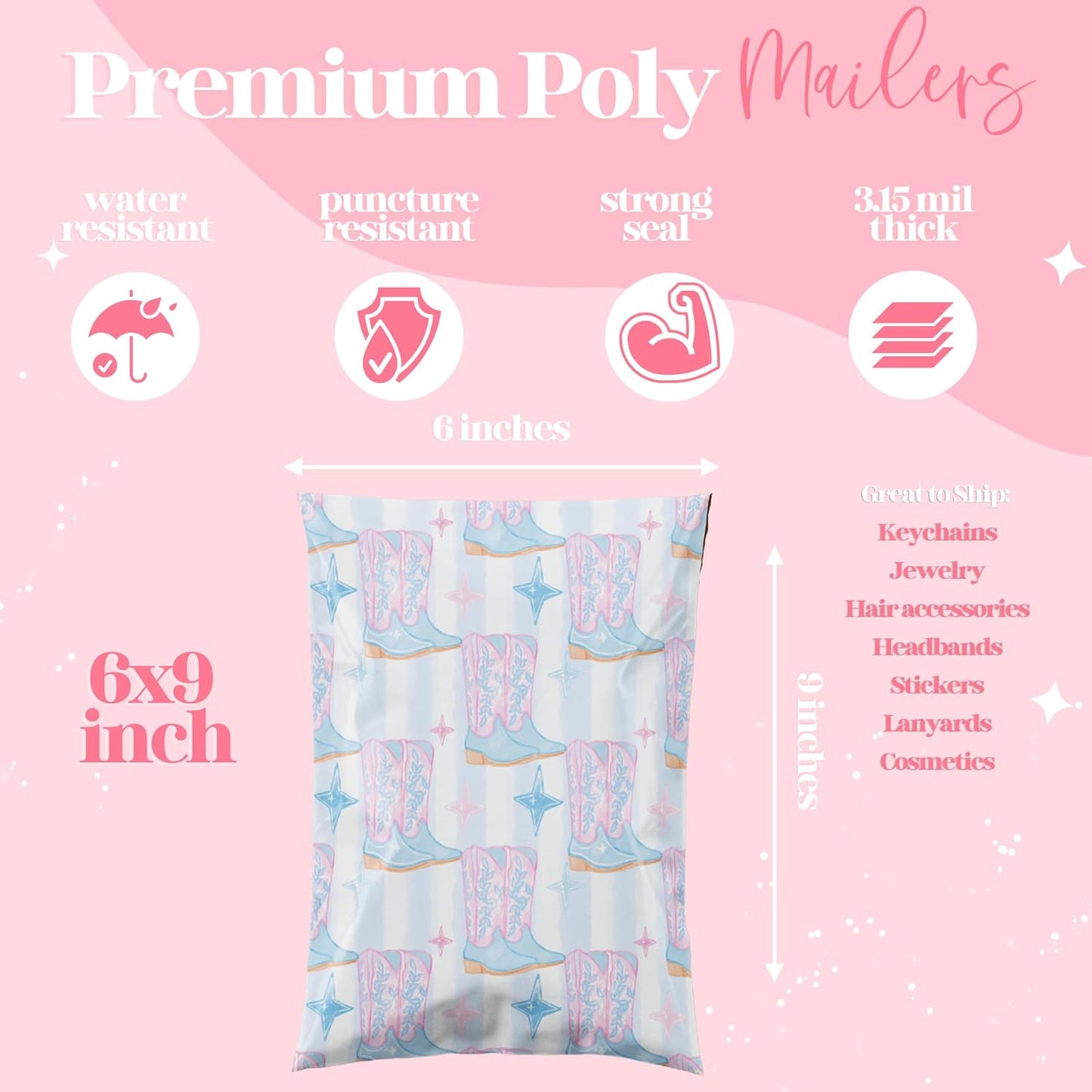 10x13 Designer Poly Mailer 100 Pack Heavy Duty Waterproof Self Seal Shipping Bags for Small Business Large Mailing Envelopes Bulk Tear Resistant Packaging Cowgirl Boots Western