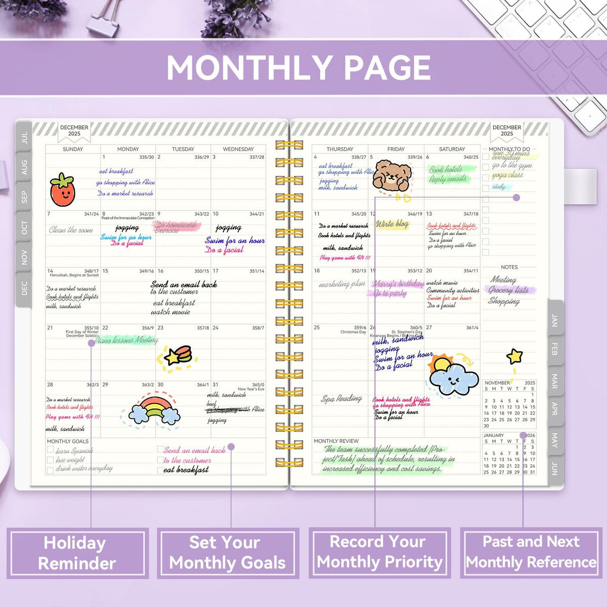 Planner 2025-2026, Academic Planners for Teacher & Student, AIMPEAK Weekly & Monthly Calendar Planner for Women, Daily Planners run from Jul.2025 - Jun.2026, Monthly Tabs, Purple, 7"x10"