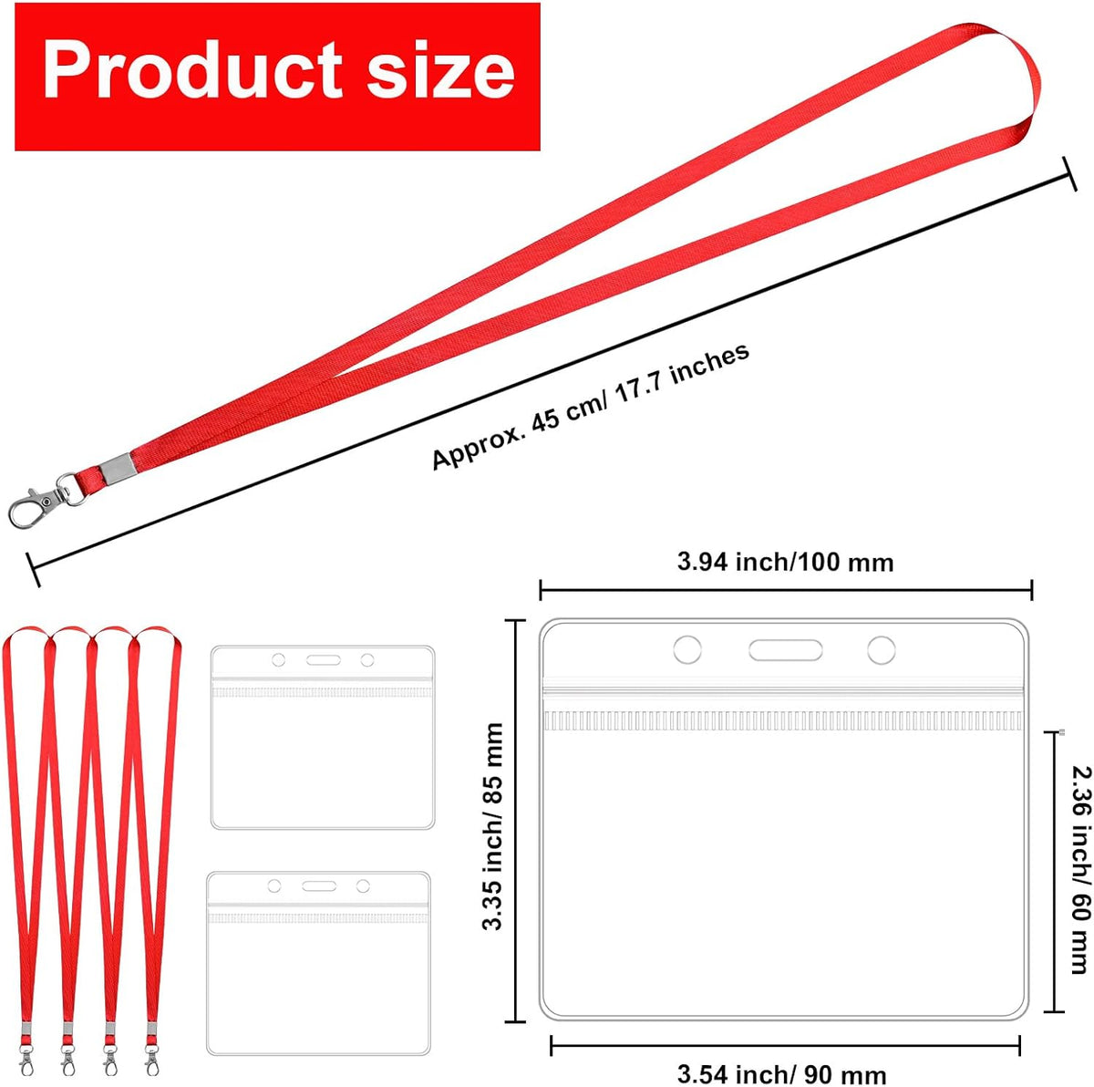 100 Pack Lanyards for ID Badges with Clear Name Tags, Reusable Lanyards Horizontal ID Card Badge Holders Plastic Name Badges for Men Women Kids Business School and Office Supplies (Red)