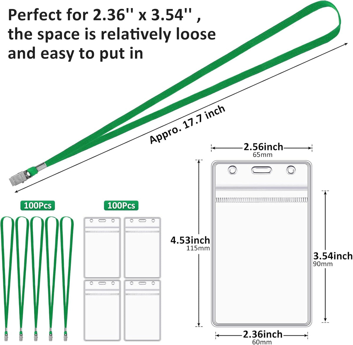 Marspark 200 Pcs Name Tag Lanyards with ID Holder Lanyards for ID Badges Resealable Flat Neck Name Tag with Clip Waterproof Plastic Clear Badges Bulk for School Office Supplies (Dark Green)