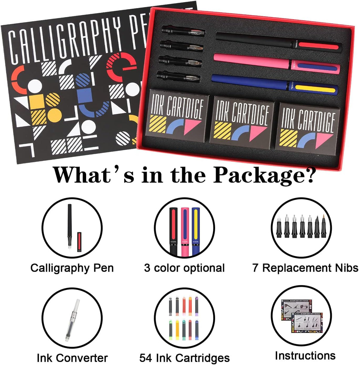 GC QUILL Calligraphy Pens Set 64pcs - Calligraphy Fountain Pen Set with 3 Fountain Pens, 7 Varied Nibs, 54 Ink Cartridges(10 Colors) - Writing, Drawing and Calligraphy Practice for beginner GC-F354