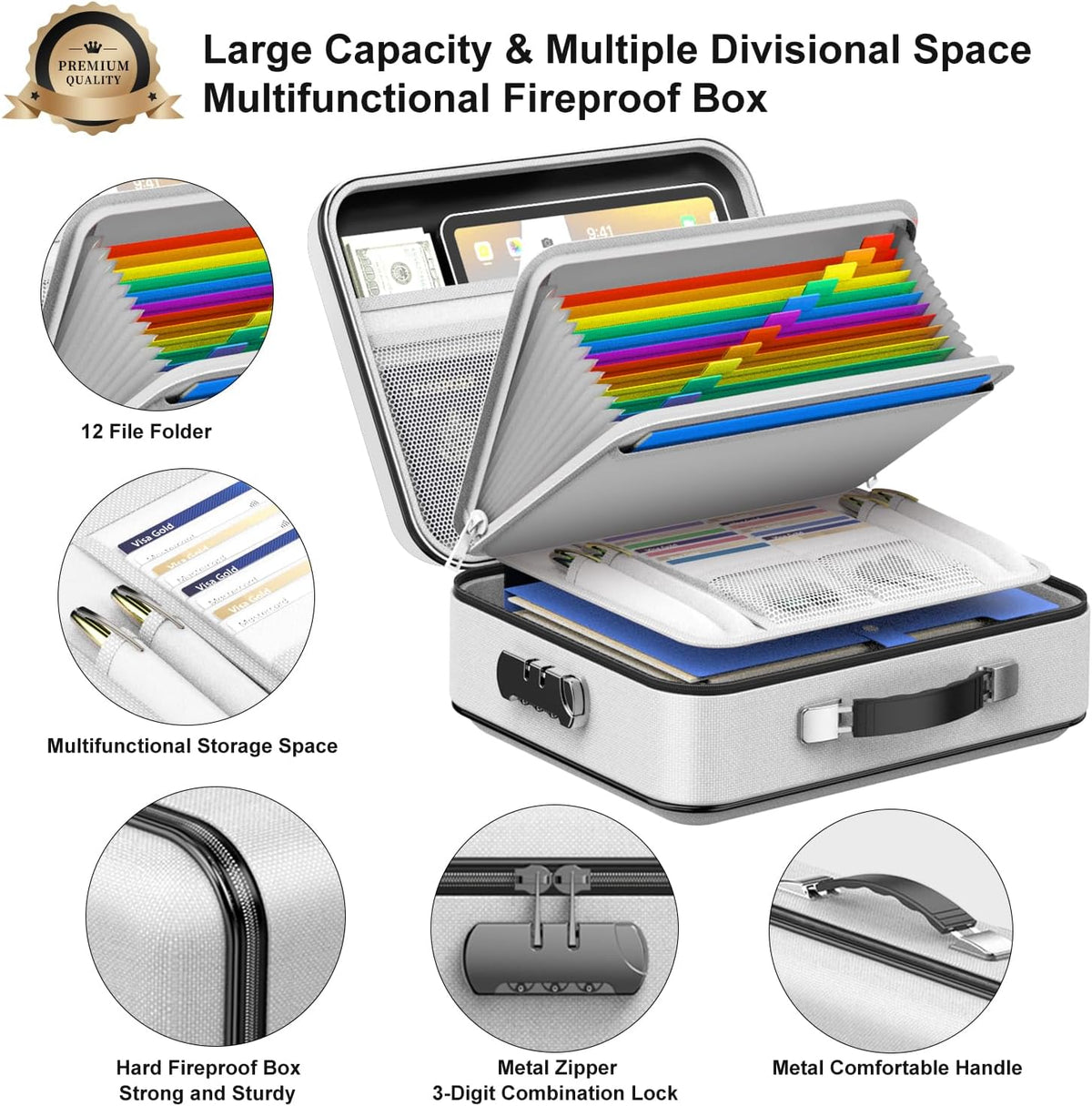 Fireproof Document Box, Hard Case Fireproof File Organizer with Lock Hard-Shell Design Fireproof Water Resistant Safe Box for Important Documents Certificates Laptop Passports Gray