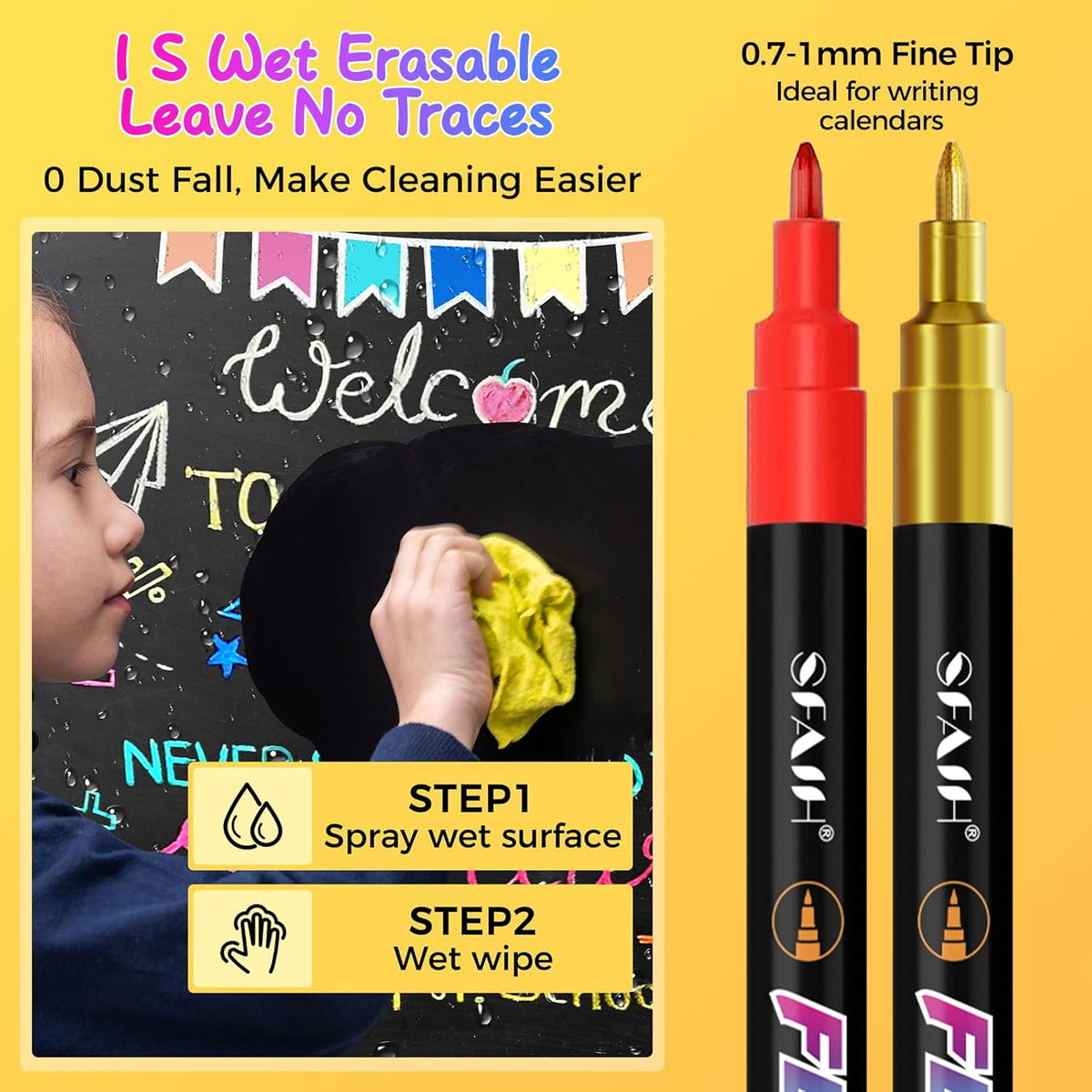 SFAIH 8 Vibrant Liquid Chalk Markers Erasable - 0.7-1mm Fine Tip Chalkboard Pens for Blackboards, Calendar, Acrylic Board, Glass, Signs, Mirror, Dust Free, Non-Toxic, With Highlighter Color Markers