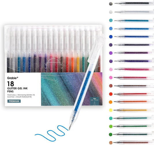 Glitter Gel Pens 18 Colors, Metallic Vibrant Sparkle Gel Pens for Coloring, Retractable Sparkle Glitter Pens for Adults,Colored Gel Pens for Adult Coloring Books and Drawing
