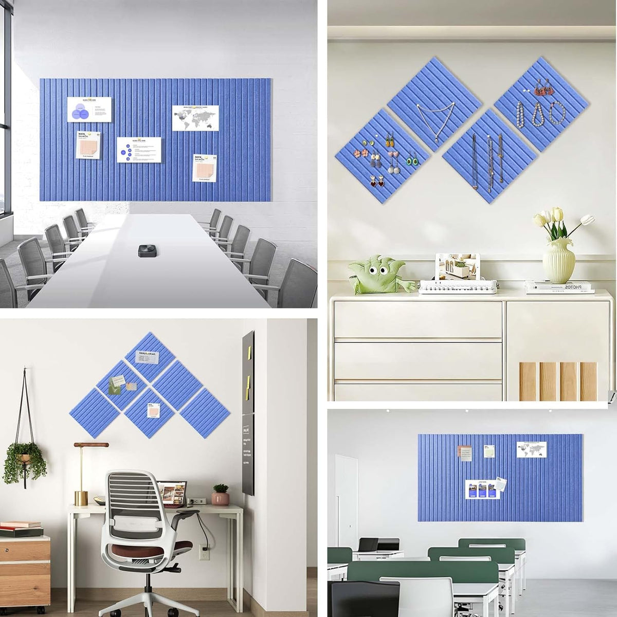 Large Cork Board for Office, 8 Pack Felt Wall Tiles with Slat Wall Paneling and Safe Removable Adhesive Tabs, Felt Bulletin Board Pin Board Cork Boards for Walls (Blue)