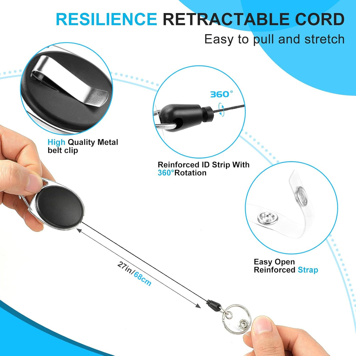 10 Pack Retractable Badge Reel with Carabiner Belt Clip and Key Ring Retractable ID Badge Holders for Office Worker Doctor Nurse