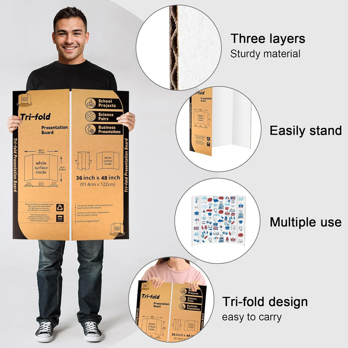 6 Pack Trifold Poster Board 48" X 36", IKAYAS Single sided White Poster Boards, Science Fair Display Boards Posterboard Foamboard for Mounting, Prints,Art,Display,Projects Classroom Supplies