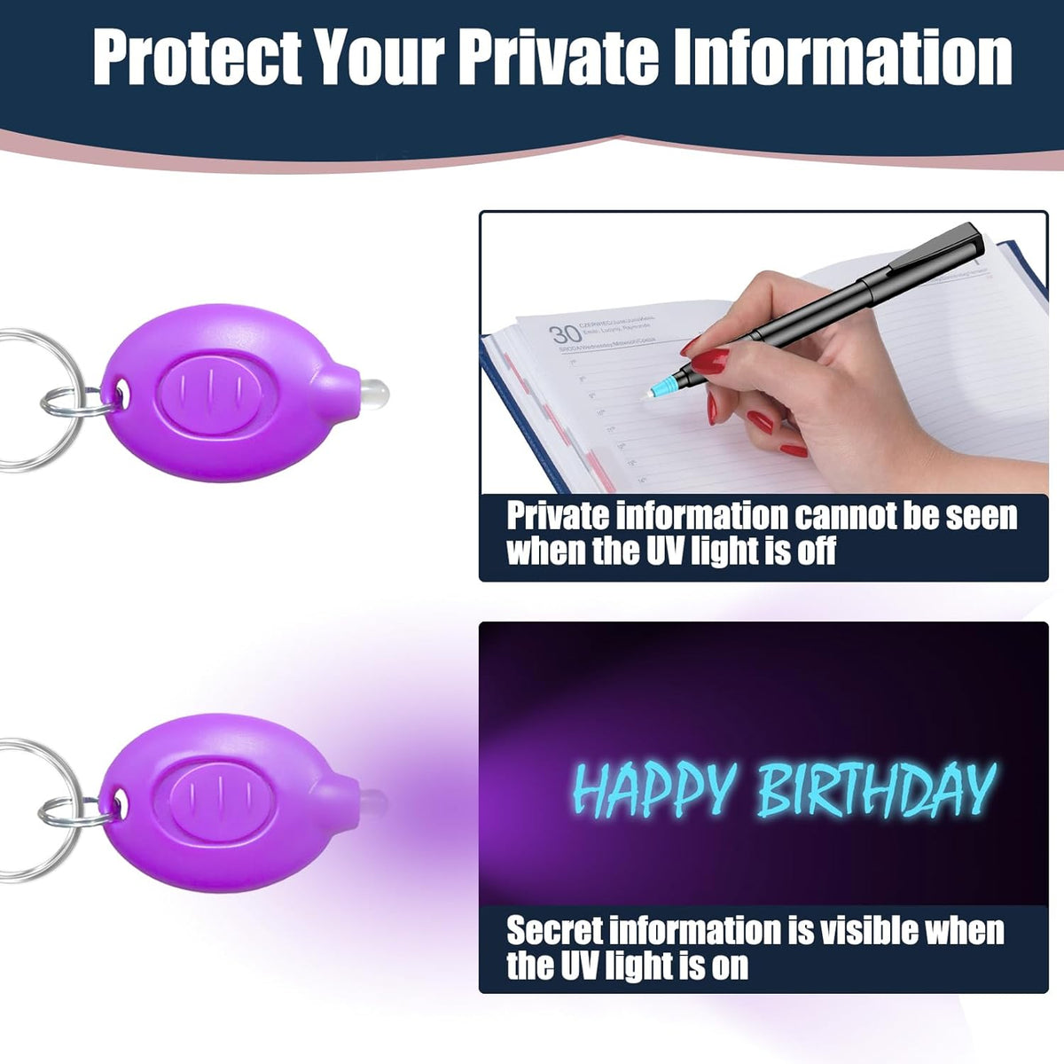 Invisible Ink Pens with UV Light, Magic Spy Pens with Mini UV LED Keychain Flashlights for Secret Messages, Disappearing Ink Pens with Black Light for Kids, Ideal (3PCS)