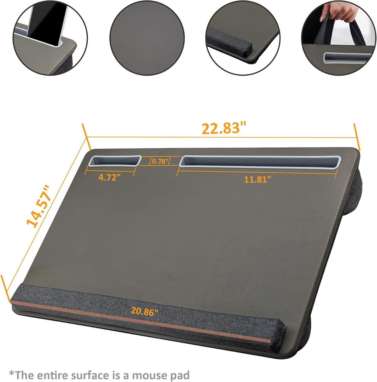 Extra Large Lap Laptop Desk - Full PU Material Mouse Pad Gaming Tray - Portable LapDesk with Phone Holder & Wrist Rest for Notebook, MacBook, Tablet, Bed, Sofa(Gray, Fit Up 17.3-in Laptops)