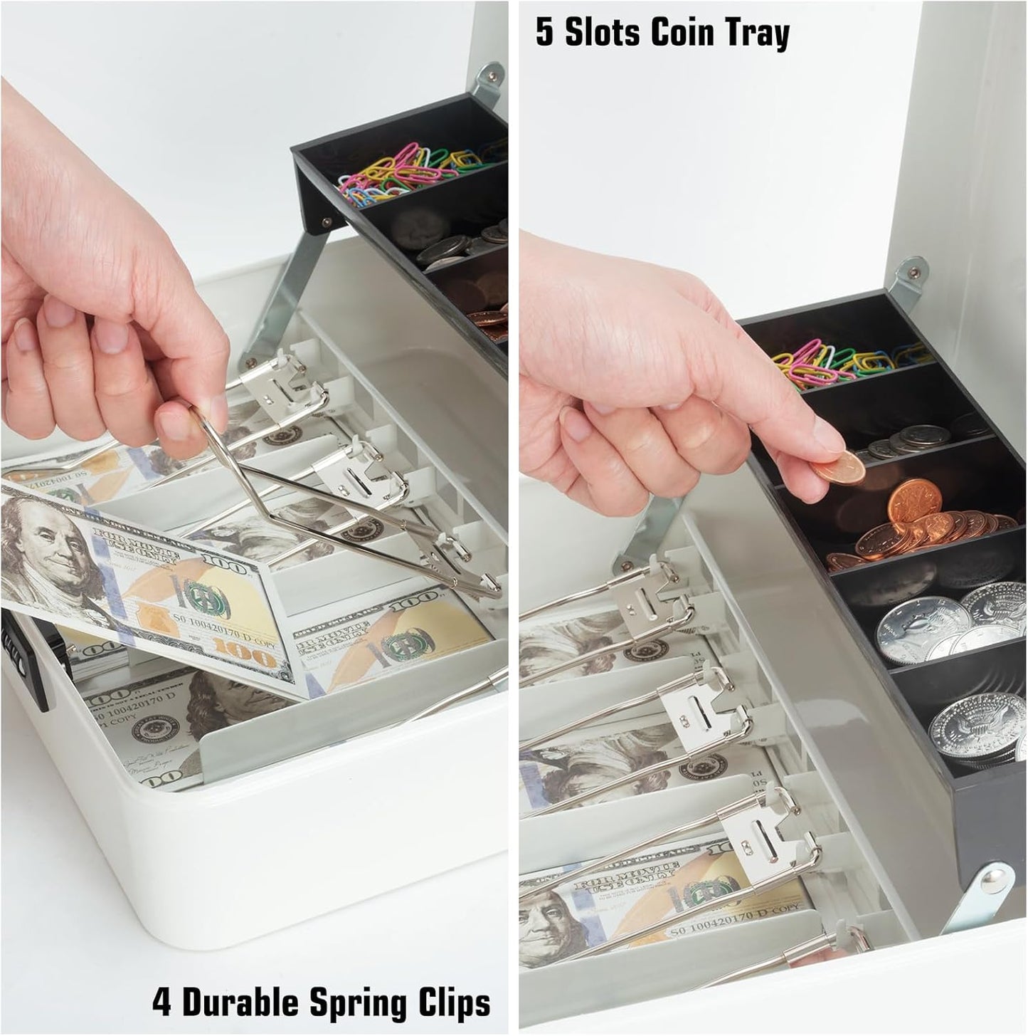 Cash Box with Money Tray and Combination Lock, Large Money Box for Cash Regiser, Safe Lock Box for Money Saving Metal 11.8"x9.45"x3.54" White XL Large