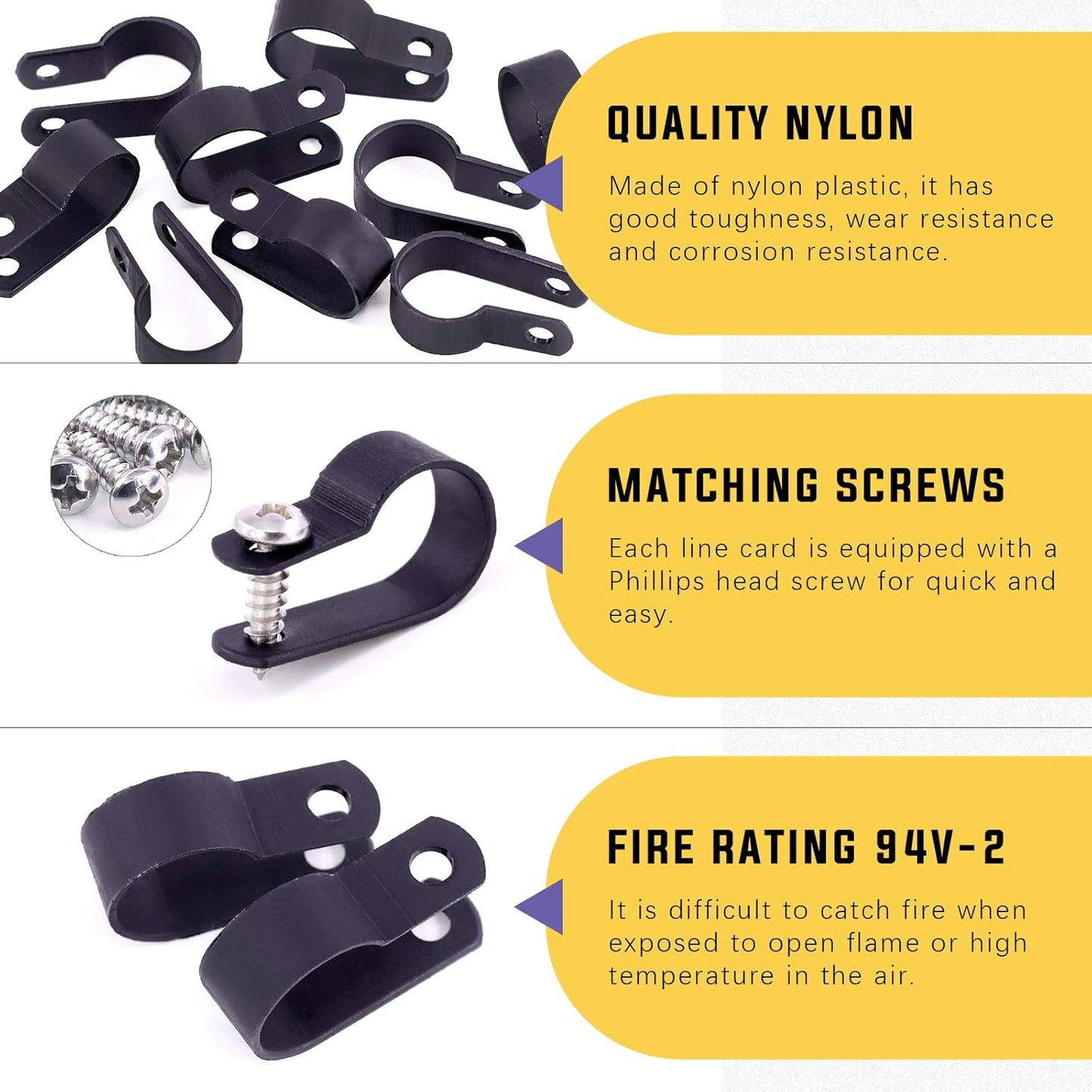 Swpeet 60 Pack Black 5/8 Inch Nylon Plastic R-Type Cable Clips Clamp Kit, Nylon Screw Mounting Cord Fastener Clips with 60 Pack Screws for Wire Management