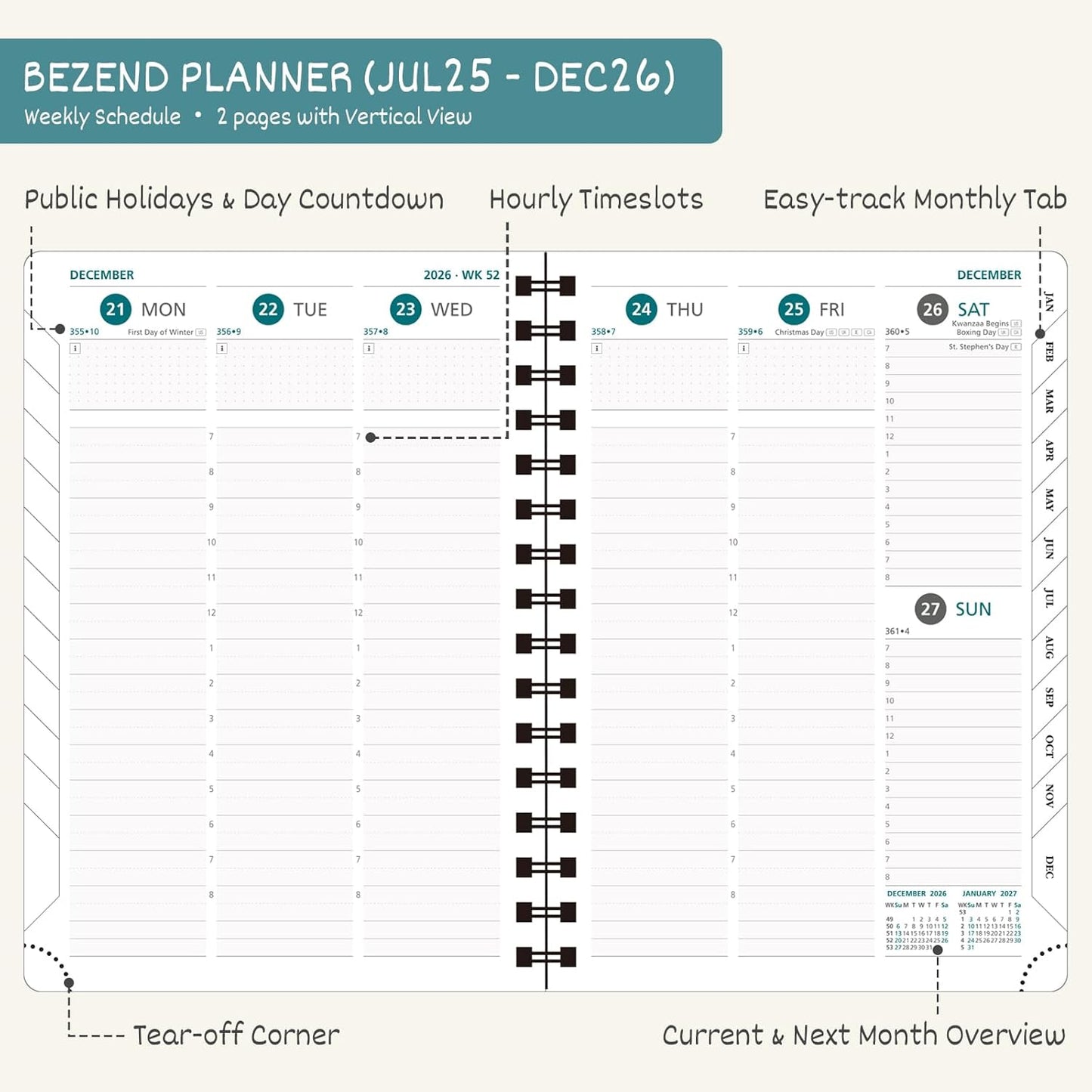 BEZEND Planner 2025-2026 Weekly and Monthly, 8.5" x 11" Academic Calendar (Jul 25-Dec 26) Vertical Daily Appointment with Hourly Timeslot & Monthly Tab, Spiral, PU Leather Softcover - Turquoise