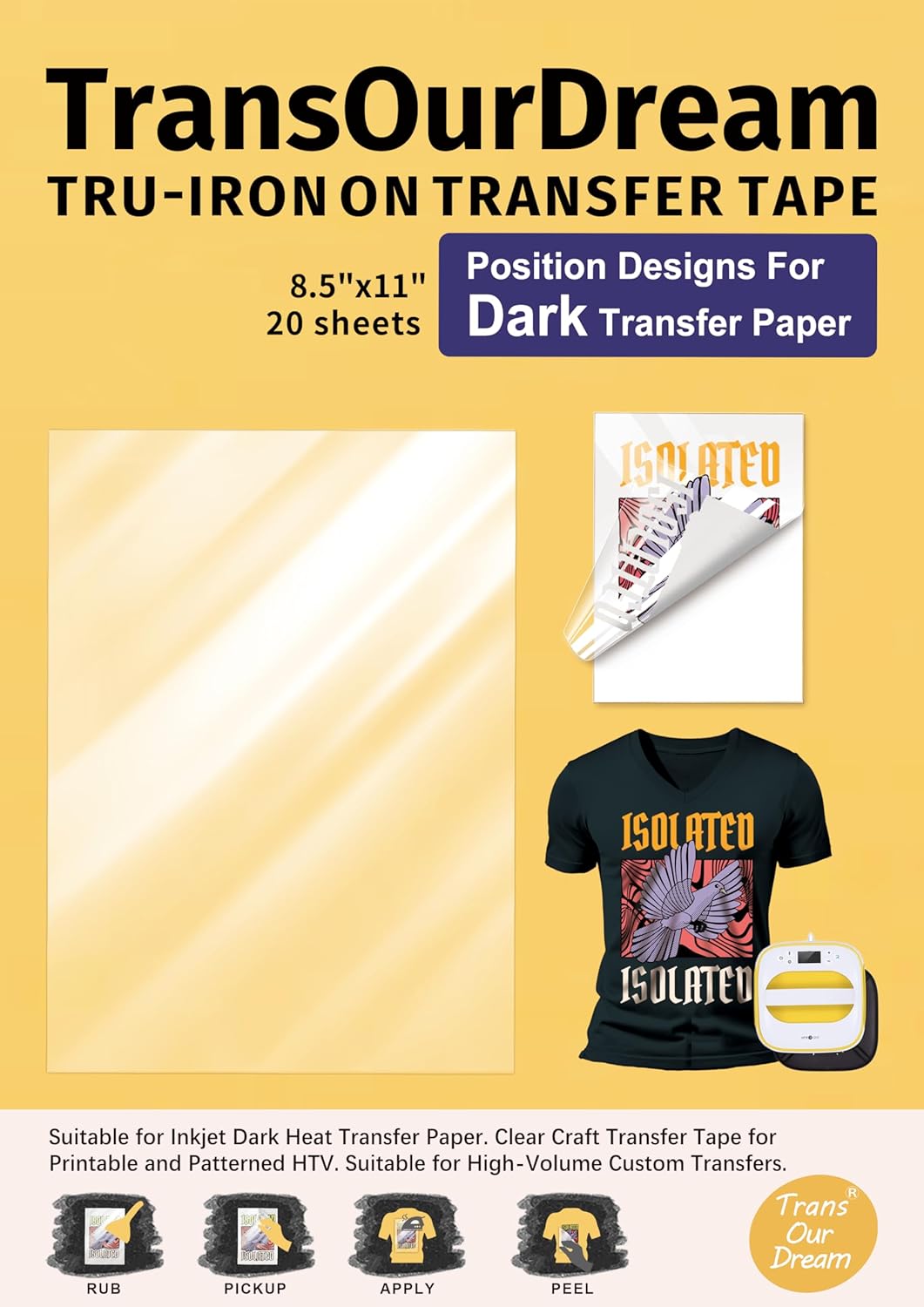 TransOurDream Tru-Iron On Transfer Tape for Inkjet Dark Heat Transfer Paper (20 Sheets, 8.5"x11") Iron On Clear Transfer Tape for Cut & Weeded Printable Heat Transfer Vinyl, Iron on Transfer Mask