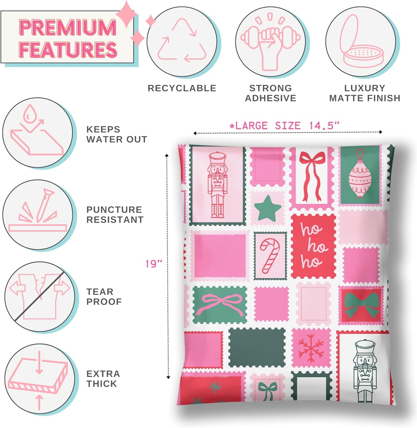 Christmas Poly Mailer Shipping Bag Envelope 100 Pack Cute Trendy Shipping Supplies for Small Biz Designer Holiday Mailers Plastic Polybags for Clothing - 14x19 Holly Poly Postage